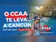 Arte da promoção O CCAA te leva a Cancún com mãe e filho em boias num rio de águas cristalinas cercado de vegetação tropical, uma mão segurando um celular que fotografa a cena e o logo do CCAA.