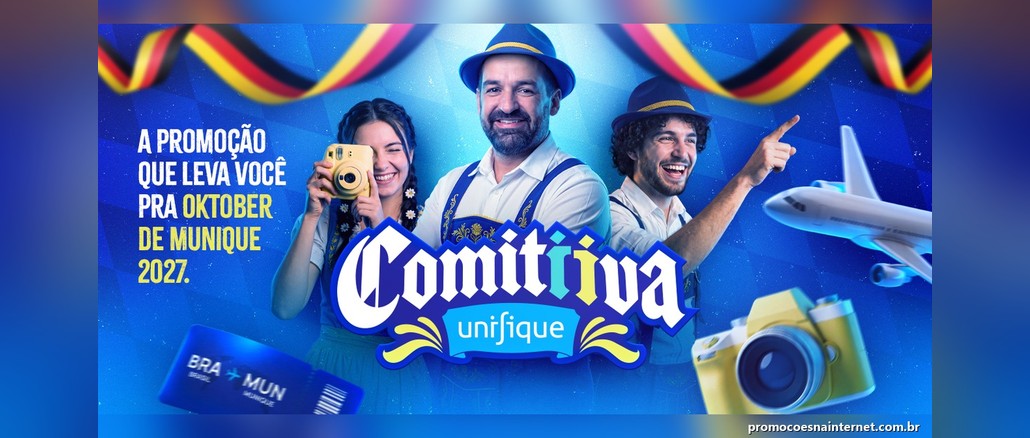 Promoção Comitiva Unifique Banner da promoção Comitiva Unifique com três pessoas em trajes típicos alemães, uma câmera, um avião e uma passagem Brasil–Munique, ao lado da frase "A promoção que leva você pra Oktober de Munique 2027".