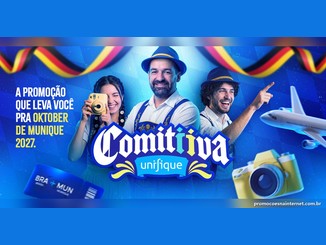 Banner da promoção Comitiva Unifique com três pessoas em trajes típicos alemães, uma câmera, um avião e uma passagem Brasil–Munique, ao lado da frase "A promoção que leva você pra Oktober de Munique 2027".