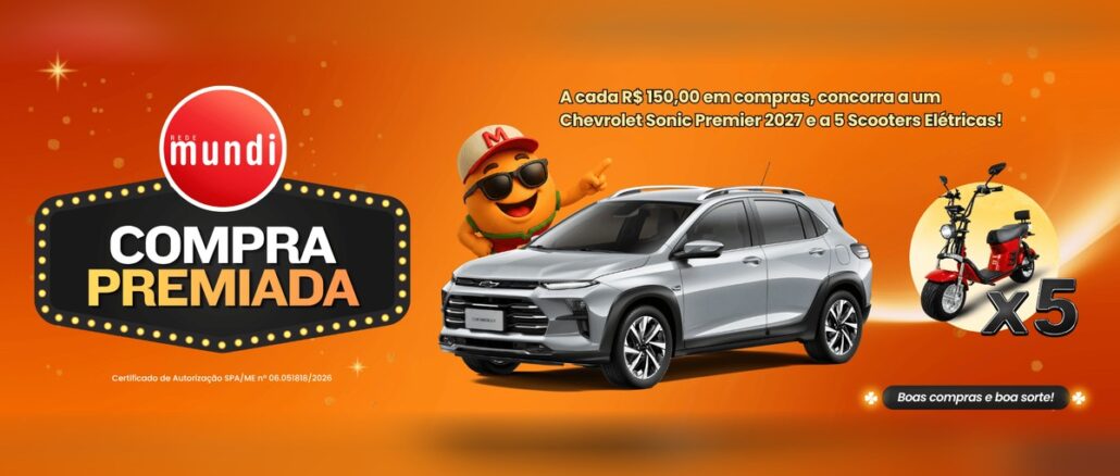 Arte laranja da promoção Compra Premiada Rede Mundi com o logo vermelho da Rede Mundi, um mascote de boné e óculos escuros apontando para um Chevrolet Sonic Premier prata e uma scooter elétrica vermelha com a indicação x5.