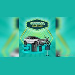 Arte da Promoção Cooperar Vale Mais com letreiro luminoso, um carro Volkswagen Tera prata, uma moto, uma Smart TV, uma cervejeira e iPhones sobre palco verde-água