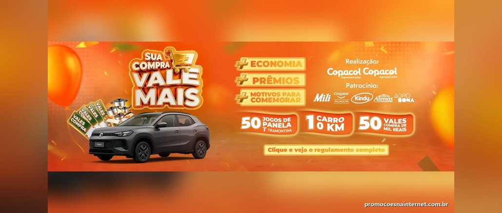 Arte laranja da promoção Sua Compra Vale Mais, da Copacol, com um Volkswagen Tera cinza, jogos de panelas e vales-compra, além dos destaques 50 jogos de panela Tramontina, 1 carro 0 km e 50 vales-compra de mil reais.