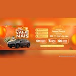 Arte laranja da promoção Sua Compra Vale Mais, da Copacol, com um Volkswagen Tera cinza, jogos de panelas e vales-compra, além dos destaques 50 jogos de panela Tramontina, 1 carro 0 km e 50 vales-compra de mil reais.