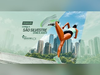 Arte da promoção Corra a São Silvestre com a ASICS, com uma corredora de top verde e short preto em movimento, um tênis ASICS em destaque, prédios de São Paulo ao fundo e o logo da São Silvestre 101.