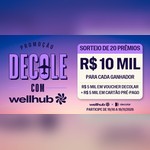 Arte da Promoção Decole com Wellhub com selo lilás e avião no lugar da letra O, sobre céu de pôr do sol, e bilhete com sorteio de 20 prêmios de R$10 mil, sendo R$5 mil em voucher Decolar mais R$5 mil em cartão pré-pago.