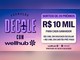 Arte da Promoção Decole com Wellhub com selo lilás e avião no lugar da letra O, sobre céu de pôr do sol, e bilhete com sorteio de 20 prêmios de R$10 mil, sendo R$5 mil em voucher Decolar mais R$5 mil em cartão pré-pago.