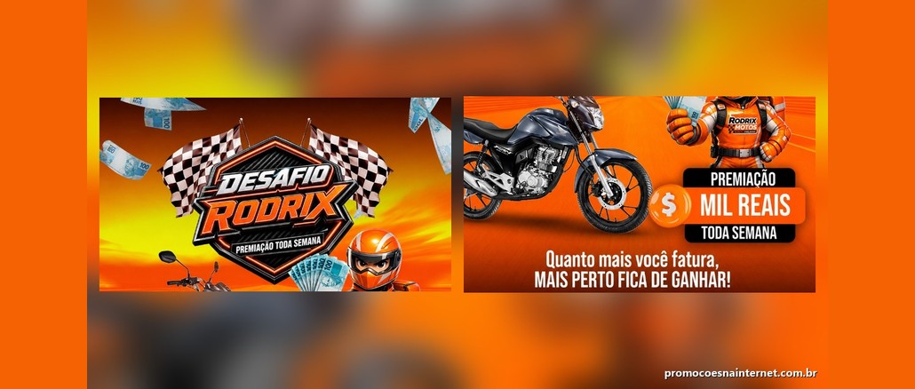 Arte do Desafio Rodrix Motos com logo e bandeiras quadriculadas, notas de R$100 no ar, piloto laranja segurando dinheiro, moto cinza e selo Premiação Mil Reais Toda Semana.