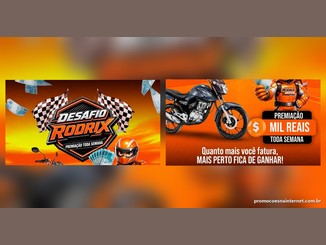 Arte do Desafio Rodrix Motos com logo e bandeiras quadriculadas, notas de R$100 no ar, piloto laranja segurando dinheiro, moto cinza e selo Premiação Mil Reais Toda Semana.