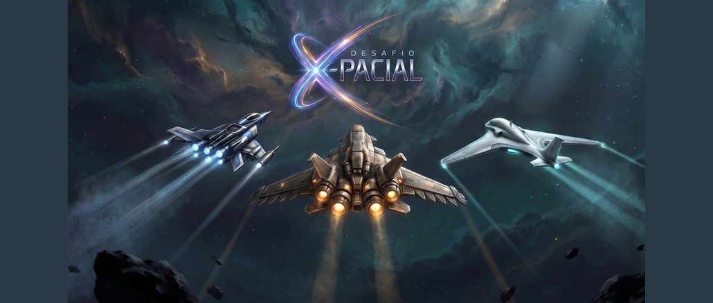 Logo do Desafio X-pacial com três naves espaciais voando em meio a uma nebulosa colorida