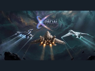 Logo do Desafio X-pacial com três naves espaciais voando em meio a uma nebulosa colorida