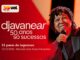 Djavan sorri e canta ao microfone em um palco iluminado em tons de vermelho e laranja, ao lado do logo Djavanear 50 anos só sucessos, do selo UOL 30 anos e do texto 35 pares de ingressos, 12/12/2026, Mercado Livre Arena Pacaembu.