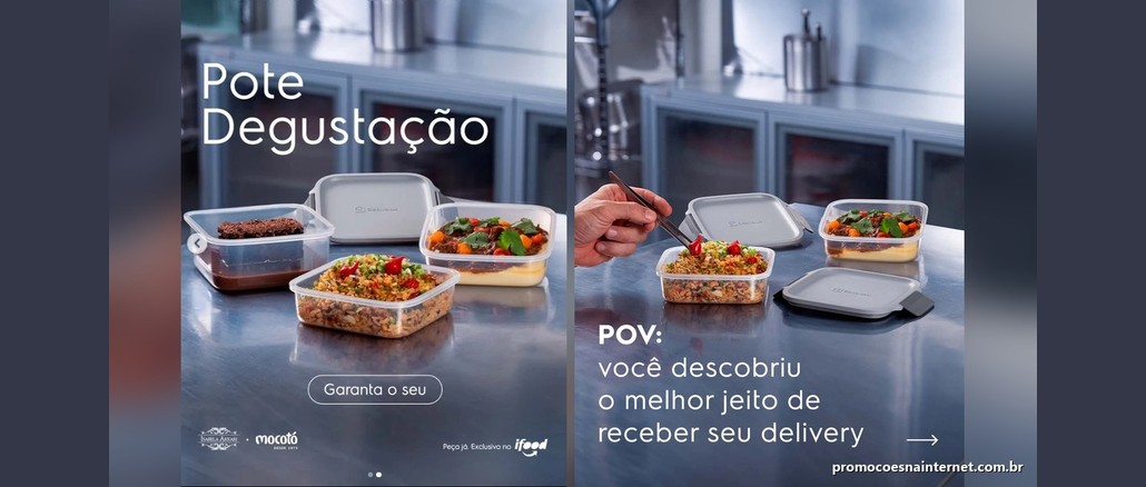 Potes herméticos Electrolux com baião de dois, carne de panela com purê e bolo de chocolate, ao lado do texto Pote Degustação e da chamada para pedir no iFood