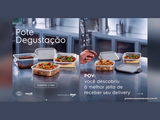Potes herméticos Electrolux com baião de dois, carne de panela com purê e bolo de chocolate, ao lado do texto Pote Degustação e da chamada para pedir no iFood