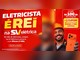 Arte da promoção Eletricista é Rei na SV Elétrica com eletricista sorrindo segurando um iPhone 17 Pro laranja e a regra de 1 cupom a cada R$100 em compras