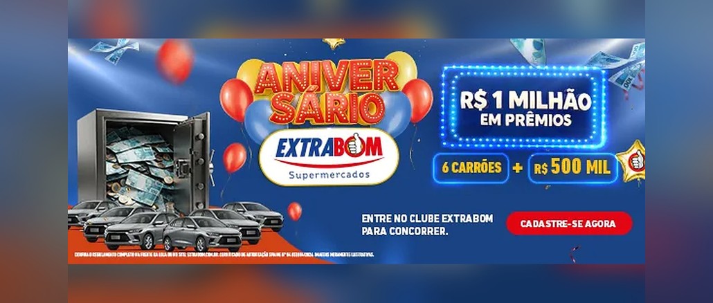 Aniversário Extrabom 2026 Banner da promoção Aniversário Extrabom 2026 com cofre cheio de dinheiro, carros Chevrolet Onix prateados, balões vermelhos e azuis, logo do Extrabom Supermercados e os dizeres R$1 milhão em prêmios, 6 carrões mais R$500 mil.