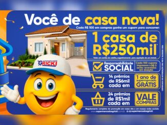 Arte da Promoção Fã Tástica do Supermercados Gricki com mascote sorridente de boné, casa térrea e os prêmios: 1 casa de R$250mil, 14 prêmios de 1 ano de supermercado grátis e 24 vale-compras de R$1mil.