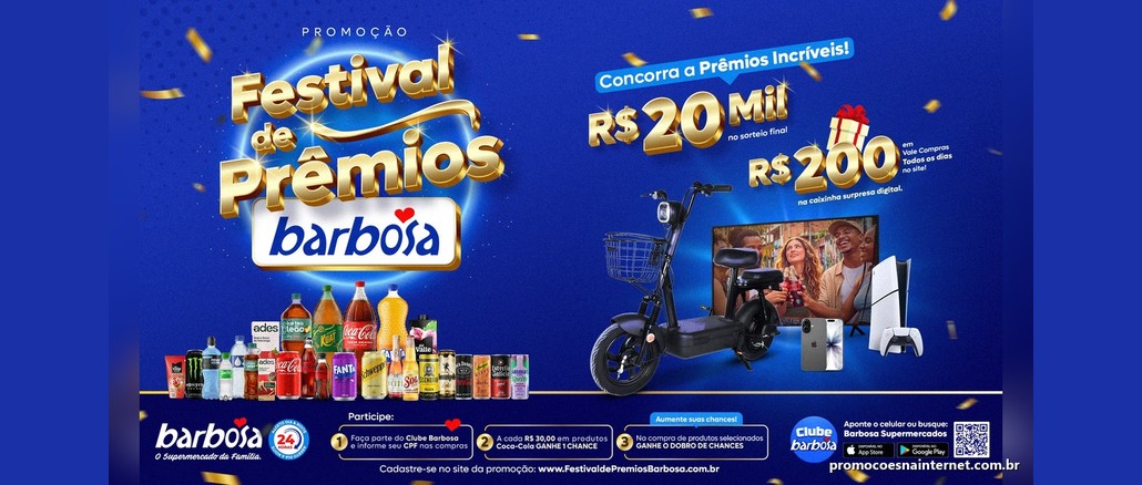 Festival de Prêmios Barbosa Arte da promoção Festival de Prêmios Barbosa com a chance de levar R$20.000,00 no sorteio final e vale-compras de R$200,00 na caixinha surpresa digital, ao lado de bicicleta elétrica, Smart TV, iPhone e PlayStation 5.
