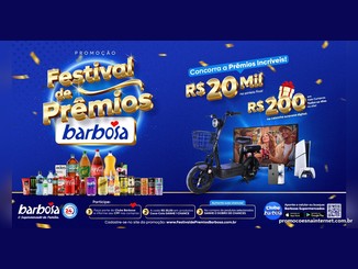 Arte da promoção Festival de Prêmios Barbosa com a chance de levar R$20.000,00 no sorteio final e vale-compras de R$200,00 na caixinha surpresa digital, ao lado de bicicleta elétrica, Smart TV, iPhone e PlayStation 5.