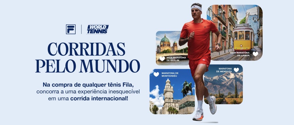 Promoção FILA Corridas pelo Mundo Arte da promoção Corridas pelo Mundo, da FILA e World Tennis, com um corredor de camiseta vermelha e fotos de Berlim, Lisboa, Montevidéu e Mendoza, os destinos das provas.