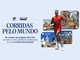 Arte da promoção Corridas pelo Mundo, da FILA e World Tennis, com um corredor de camiseta vermelha e fotos de Berlim, Lisboa, Montevidéu e Mendoza, os destinos das provas.
