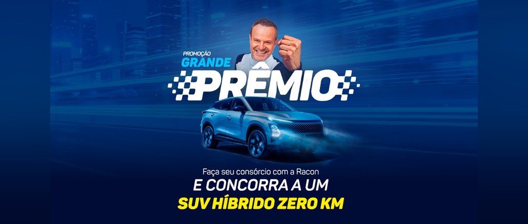 Promoção Grande Prêmio Racon Arte da Promoção Grande Prêmio da Racon Consórcios com um homem sorridente de punho cerrado, um SUV Omoda 5 azul e a frase "Faça seu consórcio com a Racon e concorra a um SUV híbrido zero km" sobre fundo azul com efeito de velocidade.