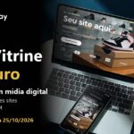 Arte do Concurso JIM Vitrine de Ouro da InfinitePay, com o título em branco e dourado sobre fundo preto à esquerda e, à direita, um notebook e um celular exibindo um site de tênis criado com o JIM.