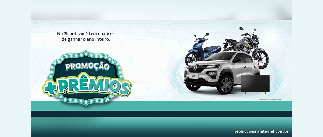Promoção +Prêmios Sicoob Trentocredi Arte da Promoção +Prêmios do Sicoob com o texto "No Sicoob você tem chances de ganhar o ano inteiro", o logotipo luminoso da promoção, um carro Renault Kwid prata, duas motos Honda e uma Smart TV.