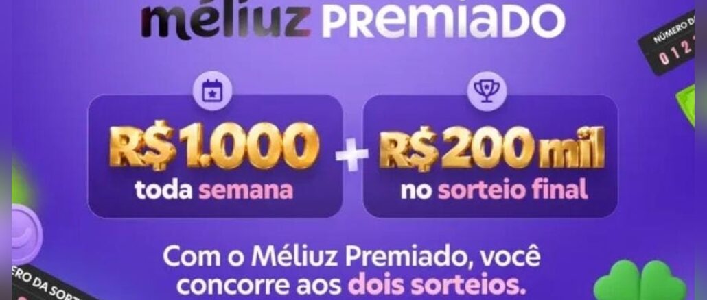 Sorte Méliuz - Méliuz Premiado Arte roxa da promoção Méliuz Premiado com os valores R$1.000 toda semana e R$200 mil no sorteio final, cercada por bilhetes de número da sorte, moedas e um trevo de quatro folhas.