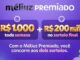 Arte roxa da promoção Méliuz Premiado com os valores R$1.000 toda semana e R$200 mil no sorteio final, cercada por bilhetes de número da sorte, moedas e um trevo de quatro folhas.