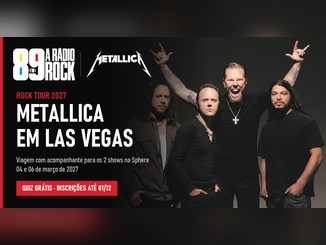 Arte da promoção Rock Tour – Metallica em Las Vegas, da 89 A Rádio Rock, com os quatro integrantes do Metallica posando sobre fundo escuro, logos da rádio e da banda e a chamada para o quiz grátis.