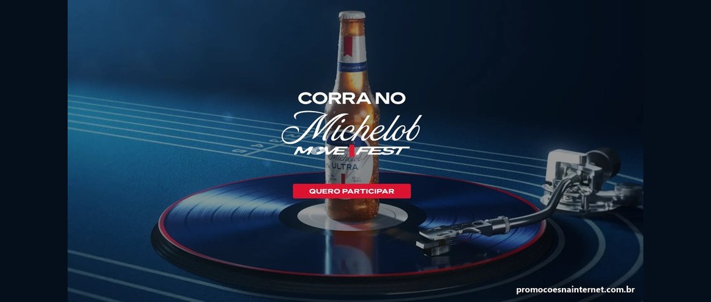 Concurso Michelob Move Fest Garrafa de Michelob Ultra sobre um disco de vinil azul, com o texto "Corra no Michelob Move Fest" e o botão "Quero participar".