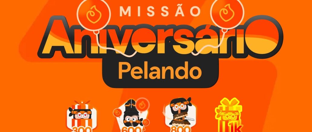 Missão Aniversário Pelando – Outubro 2026 Logotipo da Missão Aniversário Pelando com balões laranja sobre fundo laranja e quatro medalhas de 300, 600, 800 e 1.000 pontos.