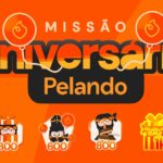 Logotipo da Missão Aniversário Pelando com balões laranja sobre fundo laranja e quatro medalhas de 300, 600, 800 e 1.000 pontos.
