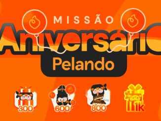 Logotipo da Missão Aniversário Pelando com balões laranja sobre fundo laranja e quatro medalhas de 300, 600, 800 e 1.000 pontos.