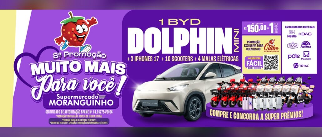 Muito Mais para Você! – Supermercado Moranguinho Arte da 8ª Promoção Muito Mais Para Você do Supermercado Moranguinho com o mascote morango, um carro BYD Dolphin Mini branco, scooters elétricas vermelhas e brancas, iPhones e malas elétricas sobre fundo roxo.