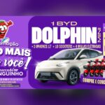 Arte da 8ª Promoção Muito Mais Para Você do Supermercado Moranguinho com o mascote morango, um carro BYD Dolphin Mini branco, scooters elétricas vermelhas e brancas, iPhones e malas elétricas sobre fundo roxo.