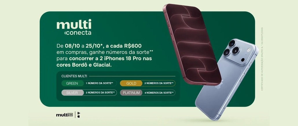Arte da promoção Multiconecta do JundiaíShopping com dois iPhones 18 Pro, nas cores Bordô e Glacial, sobre cartão verde com o texto "De 08/10 a 25/10, a cada R$600 em compras, ganhe números da sorte para concorrer a 2 iPhones 18 Pro".