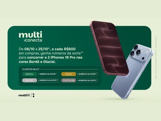 Arte da promoção Multiconecta do JundiaíShopping com dois iPhones 18 Pro, nas cores Bordô e Glacial, sobre cartão verde com o texto "De 08/10 a 25/10, a cada R$600 em compras, ganhe números da sorte para concorrer a 2 iPhones 18 Pro".
