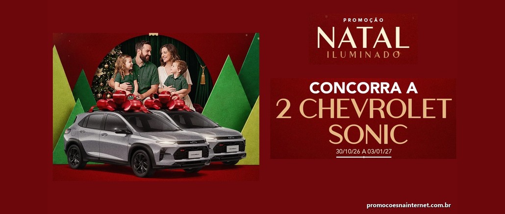 Arte da Promoção Natal Cantareira 2026, com uma família sorridente ao lado de dois Chevrolet Sonic cinza com laços vermelhos e a chamada "Concorra a 2 Chevrolet Sonic", de 30/10/26 a 03/01/27