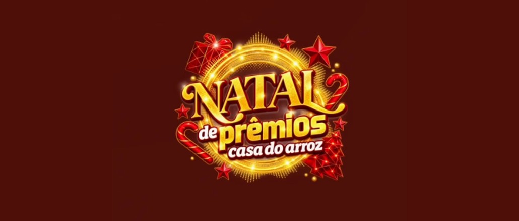 Natal de Prêmios Casa do Arroz 2026 Logotipo da promoção Natal de Prêmios Casa do Arroz, com letras douradas brilhantes sobre fundo vinho, cercado por presente, estrelas, bengalas doces e árvore de Natal vermelhas.