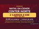 Arte em tons de vinho com neve e o texto "Promoção Natal da Cidade Center Norte", destacando 2 carros 0 km Geely EX5 EM-i, R$800 em compras para ganhar 1 número da sorte, participação de 01/11 a 27/12/2026 e Loteria Federal de 06/01/2027.