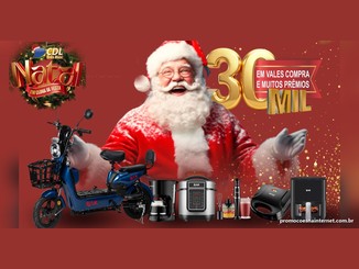 Arte da promoção Natal em Clima de Festa, da CDL Três Rios, com Papai Noel sorridente, scooter elétrica azul, eletroportáteis e a chamada 30 mil em vales-compra e muitos prêmios