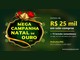 Arte da Mega Campanha Natal de Ouro 2026 com selo de madeira verde decorado com sinos dourados e laço vermelho, ao lado do texto sorteio de R$25 mil em vale-compras, mais 75 brindes instantâneos, em Andradas/MG, de 03/11/2026 a 11/01/2027
