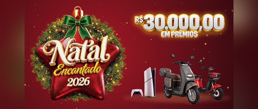 Promoção Natal Encantado 2026 Arte da promoção Natal Encantado 2026 da ACIB Bastos com estrela vermelha natalina, R$30.000,00 em prêmios, PlayStation 5 Slim e duas scooters elétricas.