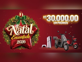 Arte da promoção Natal Encantado 2026 da ACIB Bastos com estrela vermelha natalina, R$30.000,00 em prêmios, PlayStation 5 Slim e duas scooters elétricas.