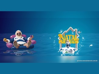 Papai Noel de óculos escuros em boia rosa sobre o mar ao lado do logotipo do Natal Premiado CDL 2026, com uma casa estilizada