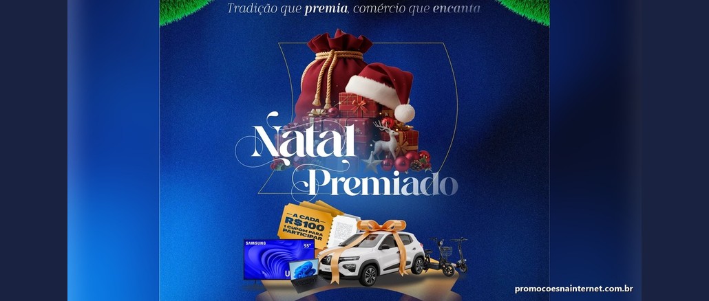 Arte da promoção Natal Premiado CDL Vacaria com sacola de Papai Noel, presentes, cupom "A cada R$100, 1 cupom para participar" e prêmios: TV Samsung 55", notebook, Renault Kwid, patinete e scooter elétricos
