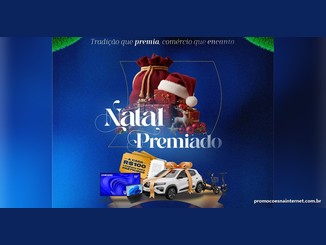 Arte da promoção Natal Premiado CDL Vacaria com sacola de Papai Noel, presentes, cupom "A cada R$100, 1 cupom para participar" e prêmios: TV Samsung 55", notebook, Renault Kwid, patinete e scooter elétricos