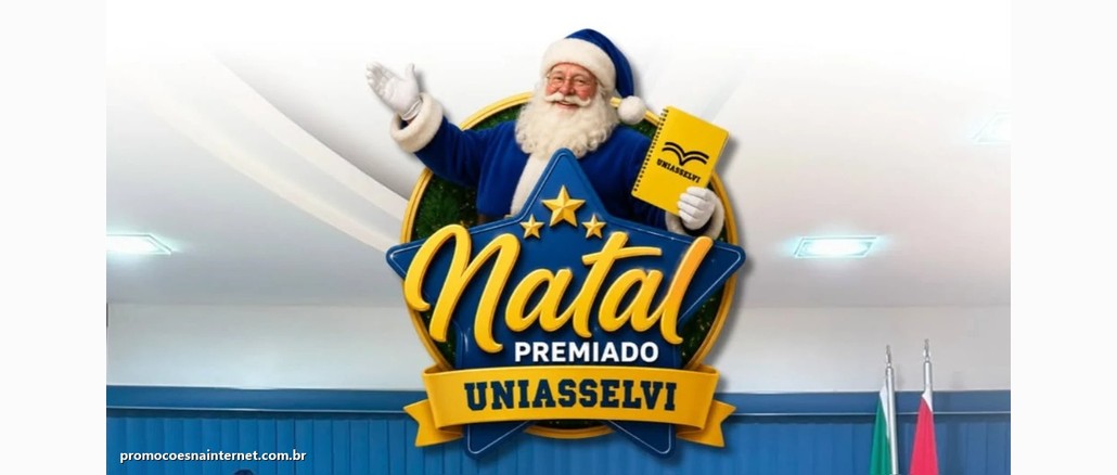 Natal Premiado Uniasselvi 2026 Papai Noel de roupa azul com a mão erguida e um caderno amarelo da Uniasselvi, sobre uma estrela azul com o texto Natal Premiado Uniasselvi.