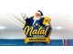Papai Noel de roupa azul com a mão erguida e um caderno amarelo da Uniasselvi, sobre uma estrela azul com o texto Natal Premiado Uniasselvi.
